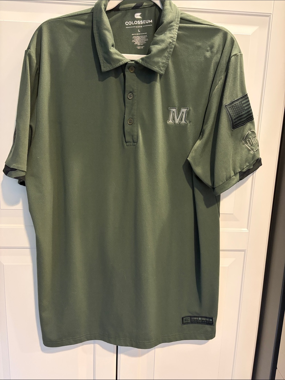 Colosseum Men's Olive Green Performance Polo with Embroidered M & Sleeve Patch